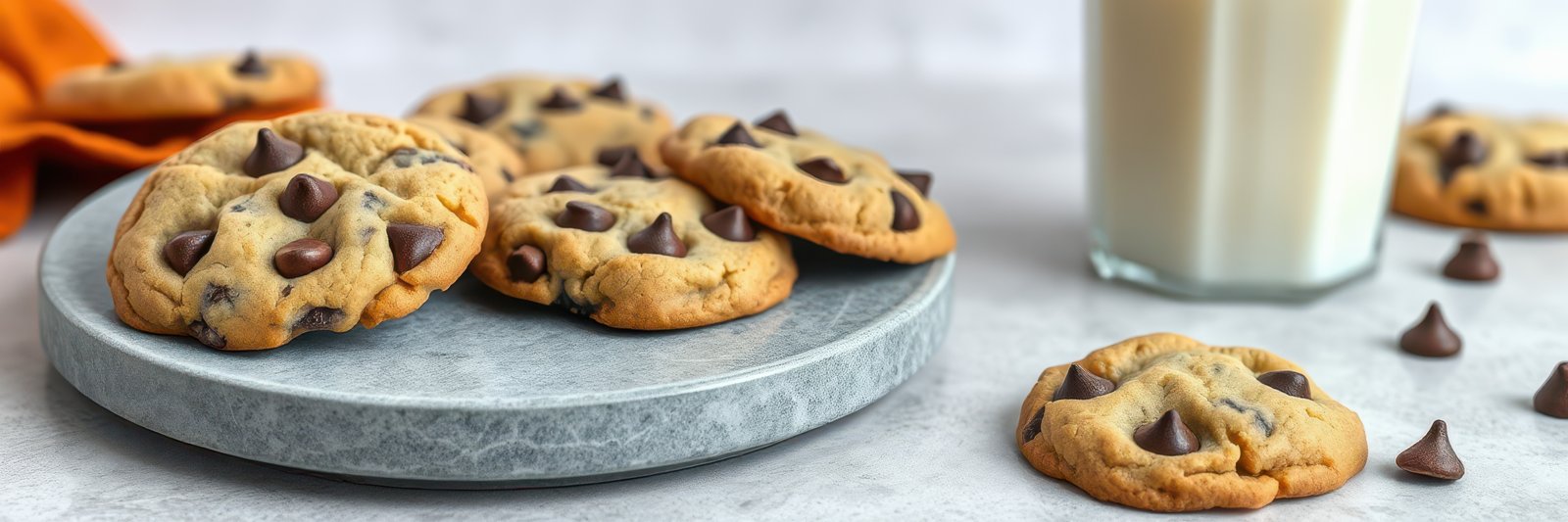 Delicious chocolate chip cookies served with cold milk on a marble surface